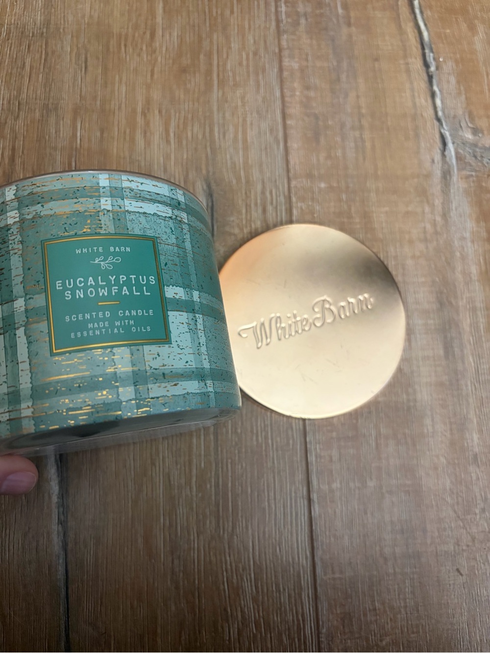 White Barn Green Plaid Eucalyptus Snowfall Candle with Gold Lid